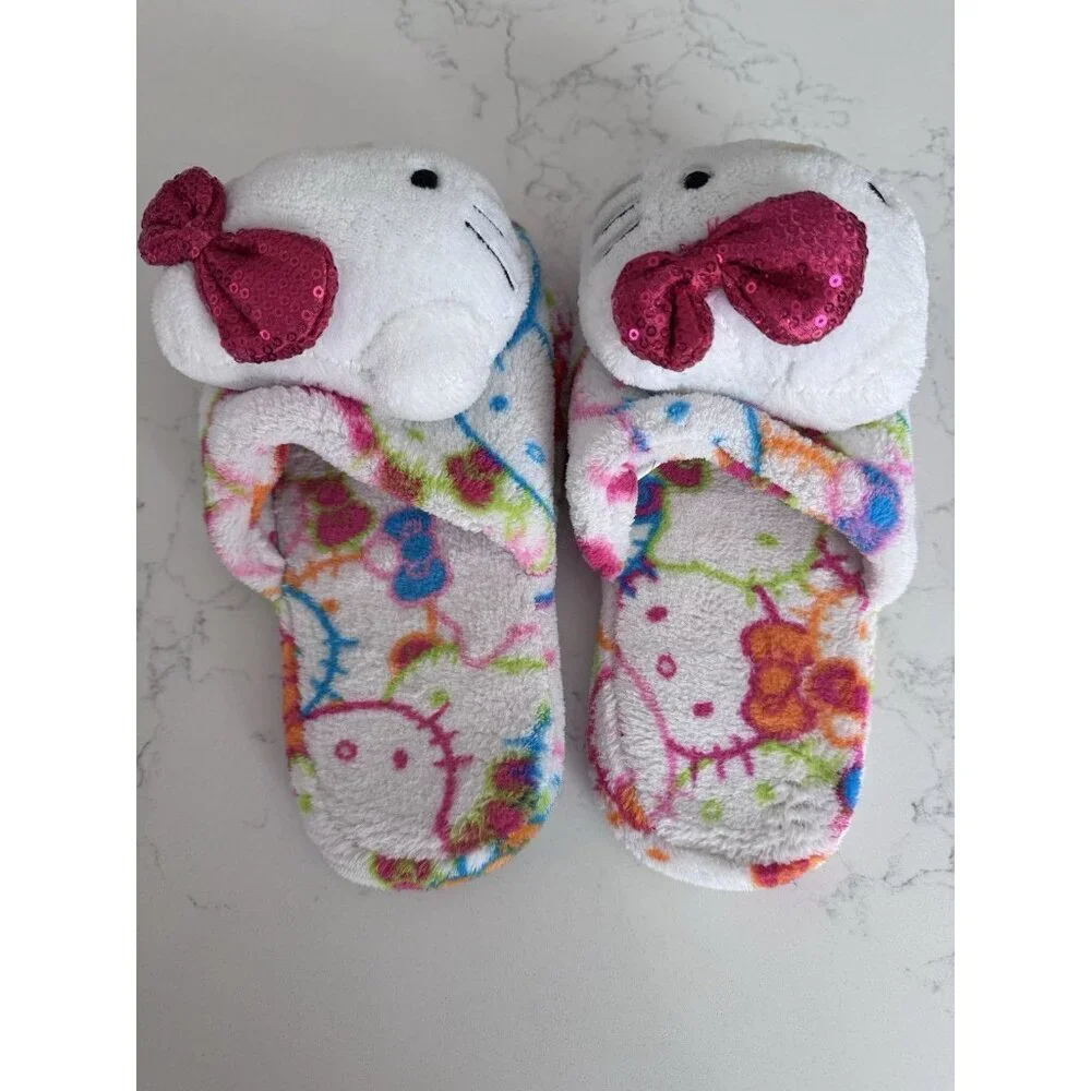 Sanrio Hello Kitty Girls Slippers Pink Sequin Bow Gripper Bottom Small 5/6